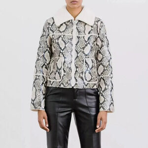 Stand Studio Stockholm Maj Faux Snakeskin Print Teddy Fur Bomber Jacket Small